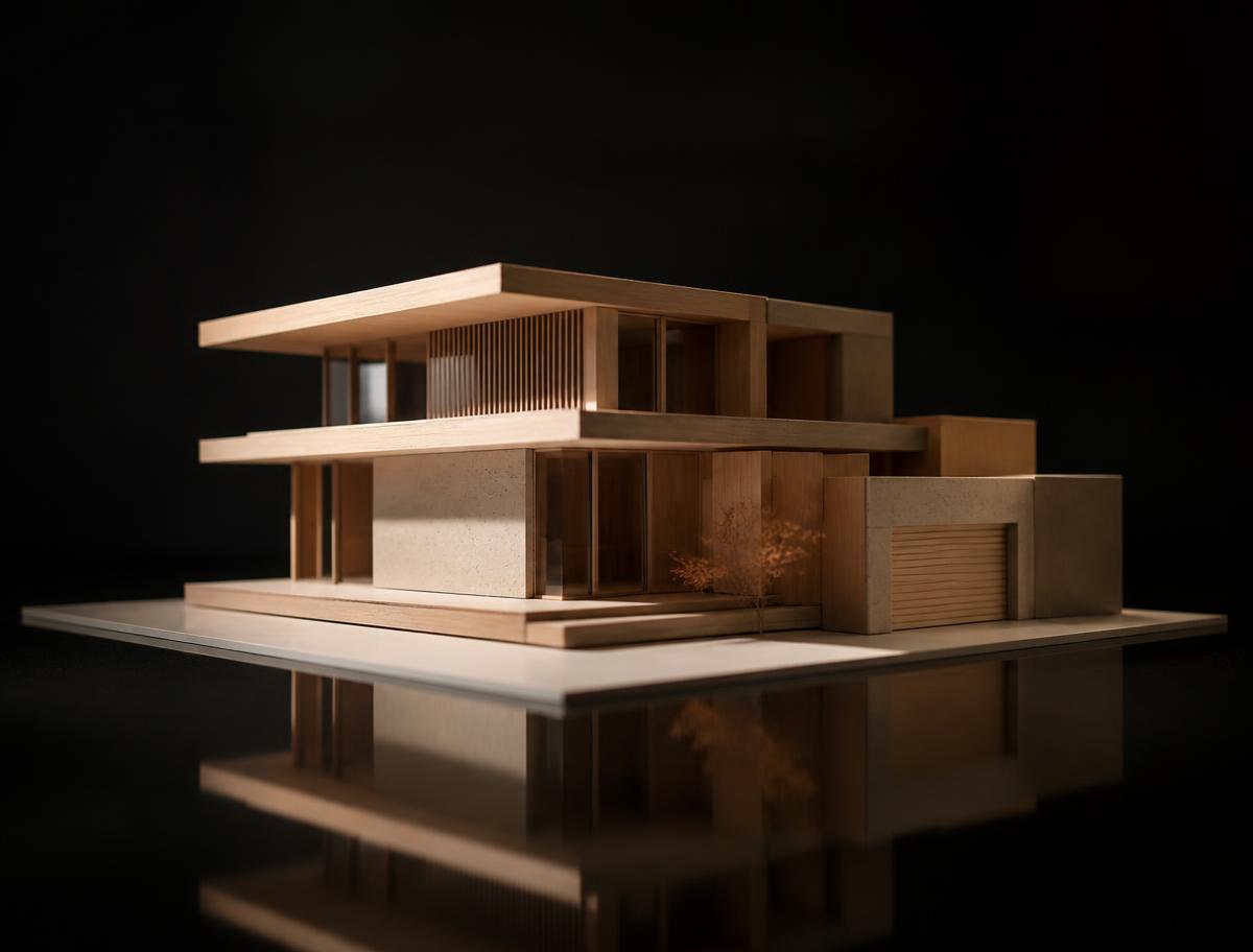 Maqueta arquitectónica iluminada sobre fondo negro